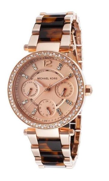 『Marc Jacobs旗艦店』美國代購 Michael Kors 玫瑰金琥珀玳瑁三眼計時腕錶