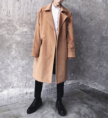 FINDSENSE G6 韓國時尚 大翻領加棉加厚保暖毛呢大衣潮男中長款風衣外套