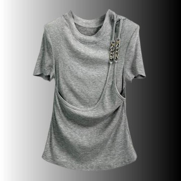 歐貨t恤女短袖修身墊肩螺紋純棉2025春夏新款灰色假兩件小眾上衣