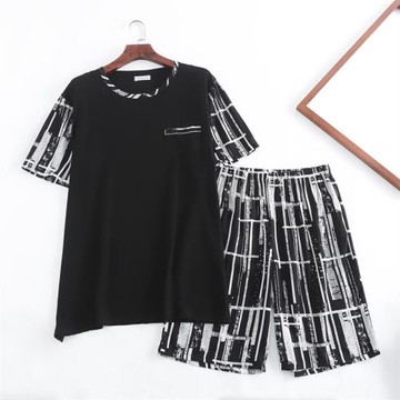 男士純棉夏季棉綢薄款短袖上衣五分褲睡褲印花家居服休閑兩件套裝