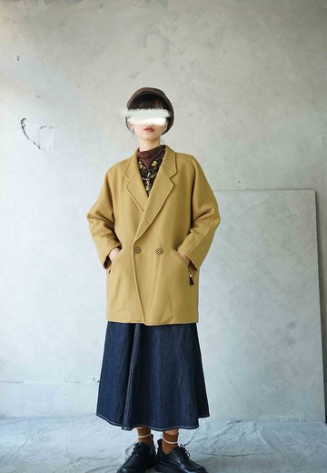 尋寶古著-芥末黃壓線裝飾毛料寬鬆西裝大衣外套