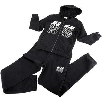 MSGM 童裝 複印字母黑色刷毛襯裡連帽運動衫套裝(外套6號+褲10號)