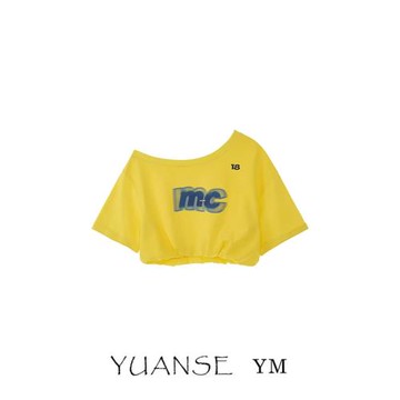 美式辣妹斜肩寬松超短字母印花短袖T恤女夏新款街舞個性露肩上衣