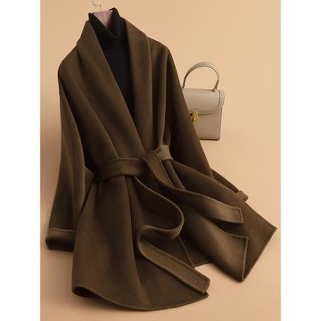 山羊絨大衣女中長款2025冬新款高級感羊毛雙面呢系帶修身毛呢外套