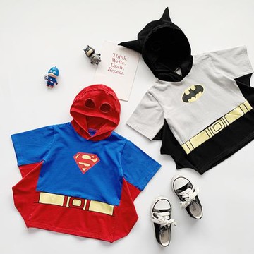 寶寶卡通短袖2023夏裝男童蝙蝠俠超人衣服帶帽兒童純棉動漫T恤潮
