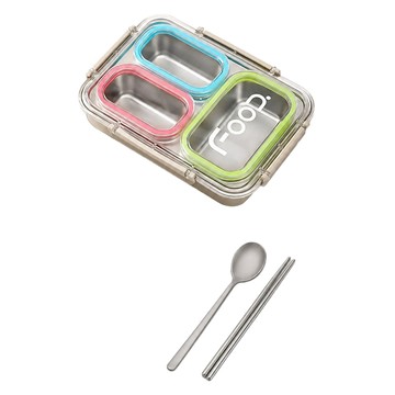 FOOD. 三格保溫便當盒/便攜餐盒/隨身餐盒 上班族學生專用 可微波加熱 附餐具  多巴胺色  1套