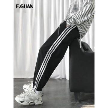 春秋運動褲男九分褲蘿卜褲三條杠束腳褲寬松闊腿學生港風休閑褲潮