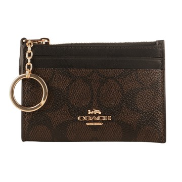 COACH-金馬車撞色皮革方型附鎖圈卡夾零錢包(深咖x黑)