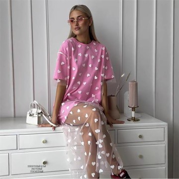 2025新款跨境歐美風性感女裝長款愛心網紗拼接寬松短袖T恤連衣裙