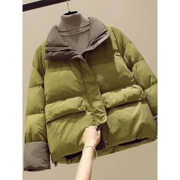 2025冬裝新款加厚立領短款拼色羽絨服女寬松面包服白鴨絨保暖外套