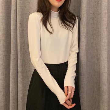 半高領打底衫女內搭新款港味chic長袖T恤緊身甜辣上衣服