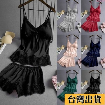 🌟新店優惠🌟冰絲性感吊帶睡衣 夏季清涼女士性感大碼睡衣 兩件式睡衣帶胸墊新款吊帶蕾絲花邊居家服冰絲睡衣女吊帶睡裙 法