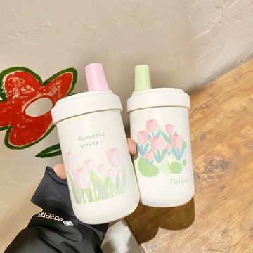 304不鏽鋼粉彩鬱金香吸管保溫杯430ml(綠色/粉色/白色/紫色)【現貨】