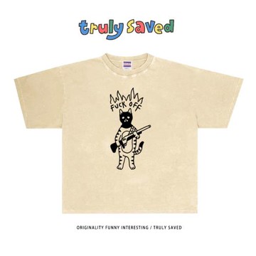 250G重磅純棉！貓咪設計美潮oversize寬松短袖T恤男女同款半截袖