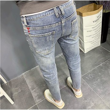 牛仔褲男士淺色美式潮牌網紅精神小伙刺繡韓版百搭修身小腳九分褲