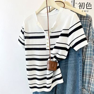 初色 休閒條紋排扣半開領短袖針織衫上衣女上衣-共2色-14835(F可選)