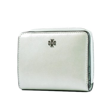 TORY BURCH 銀字LOGO皺褶皮革釦式對開短夾-薄荷綠