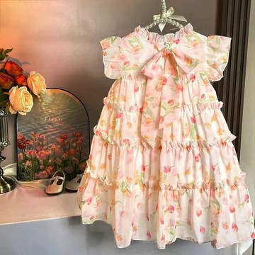 店鋪熱賣~女童碎花公主裙子超仙氣質小女孩夏季飛袖連身裙 夏天連衣裙 女童洋裝 韓版公主裙 連身裙