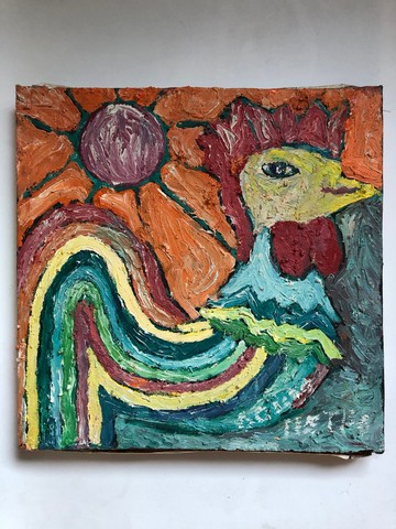 充滿活力的紋理藝術油畫，以色彩繽紛的風格化大公雞雀特色