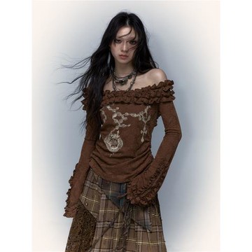 NO ROMANCE 原創設計復古正反兩穿一字肩喇叭袖針織上衣長袖T恤女