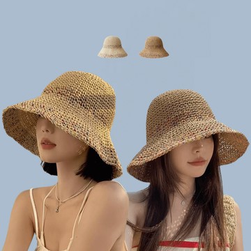 現貨-草編漁夫帽女夏季透氣韓版顯臉小水桶帽大帽簷遮陽防曬海邊草帽子