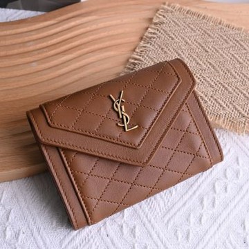 YSL Saint Laurent 經典LOGO羊皮扣式卡夾零錢包(咖)