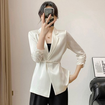 【桃喜Rich女裝】2色可選 新中式白色西服 春夏新款 一粒扣修身收腰盤扣七分袖職業女裝 醋酸西裝外套女
