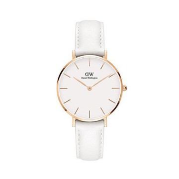 【Daniel Wellington】PETITE瑞典時尚品牌經典簡約真皮腕錶-天使白x玫金-32mm/DW00100189