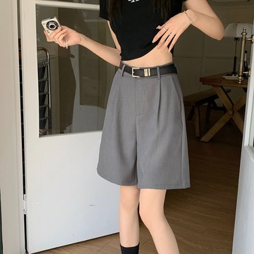 美木子｜西裝短褲 附皮帶｜預購｜A字闊腿五分褲 顯瘦直筒西裝褲 黑色休閒短褲 【B10120】