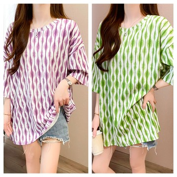 買一送一 2件組 韓風時尚霓虹條紋大尺碼寬鬆五分袖上衣 (中大尺碼 大學Ｔ 上衣 五分袖)