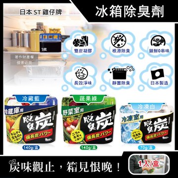 日本ST雞仔牌-脫臭炭強力消臭凝膠型備長炭冰箱薄型除臭劑1入/盒(3款任選-冷藏室防串味除臭凍,蔬果室吸附異味淨味盒,活性炭冷凍庫長效去味劑)