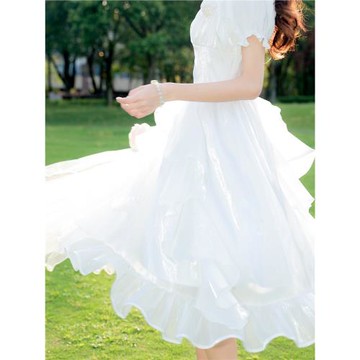 花崎鹿設計感收腰仙女裙連衣裙流光長裙夏新茉莉立體花朵白色度假