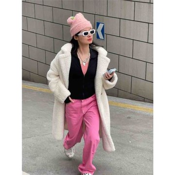 甜美少女粉！ 美式復古bm風中高腰粉色褲子甜辣直筒寬松闊腿褲