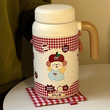 免運🔮紅色格子小狗大容量保溫杯ins風網紅高顏值316不鏽鋼居家戶外水杯保溫瓶 隨行杯 咖啡杯 保溫杯 水壺 飲料杯