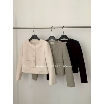 【太妮絲OI37】現貨 韓系 小香風 毛呢外套 冬季百搭短版大衣 極簡 圓領外套 修身顯瘦上衣外套女外套 韓國設計
