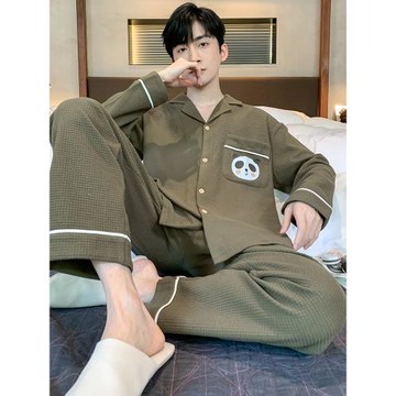 春秋季睡衣男款純棉華夫格長袖學生卡通男士大碼家居服套裝冬外穿
