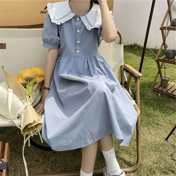 台灣出貨 夏季新款甜美復古日系娃娃領連衣裙女學生韓版中長款百搭a字裙子 夏天裙子 短袖洋裝 連衣裙 連身裙 顯瘦