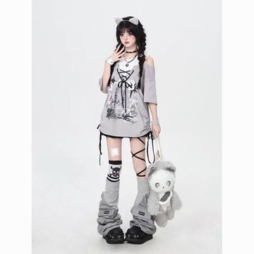 初系🚚現+貨 美式露肩 T恤 辣妹短袖T恤 蝴蝶結綁帶假兩件露肩上衣 抽繩寬鬆短袖T恤 顯瘦上衣 寬鬆上衣