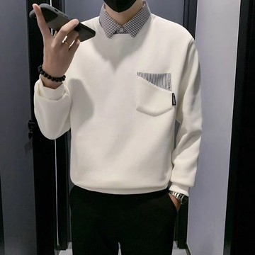 白色假两件条纹拼接翻领卫衣潮牌男秋季韩系穿搭男士内搭休闲上衣毛線衣針織毛衣針織衫
