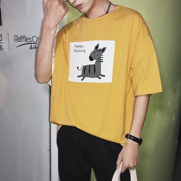 FINDSENSE H1 2018 夏季 新款  文藝 拼接撞色 卡通印花 寬鬆 男女 情侶T恤 短袖 潮流 男上衣