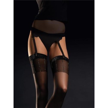 高筒襪Fiore Hypnose 20D豎條紋銀絲襪口性感吊帶長筒襪大腿襪黑