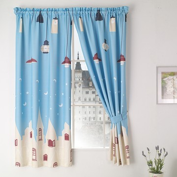 喵到寶  一窗 印花版抗UV遮光窗簾200cm寬*170cm高-魔法電燈藍