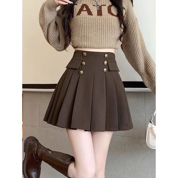 美拉德穿搭秋冬大碼棕色毛呢百褶裙女高腰顯瘦a字短裙遮胯半身裙