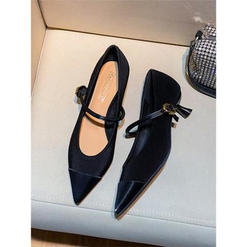法式小香風尖頭細跟單鞋女2024新款氣質復古小眾一字帶黑色高跟鞋
