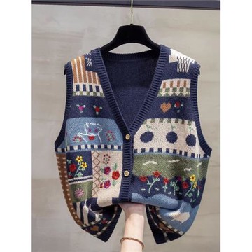 白領哥弟新2025春季新款涂鴉羊毛針織開衫馬甲打底背心毛衣坎肩女