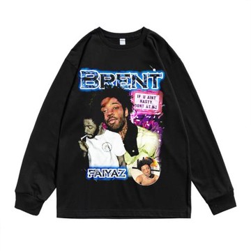 歐美男歌手Brent Faiyaz個性人物印花圓領T恤長袖寬松純棉男休閑