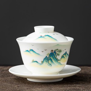 秦藝家用羊脂玉三才蓋碗茶杯高檔德化白瓷帶蓋敬茶碗茶具單個大號