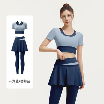 瑜伽健身服套裝短袖上衣女緊身性感帶固定胸墊假兩件褲裙跑步運動