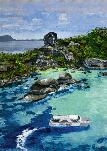 熱帶潟湖小船油畫 岩岸原創厚塗牆面藝術
