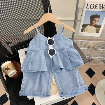 mori🎀mori女童吊帶套裝2024夏季新款潮時髦洋氣兒童夏裝寶寶休閑牛仔兩件套